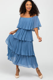 Blue Solid Off Shoulder Pleated Ruffle Midi Dress