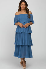 Blue Solid Off Shoulder Pleated Ruffle Maternity Midi Dress