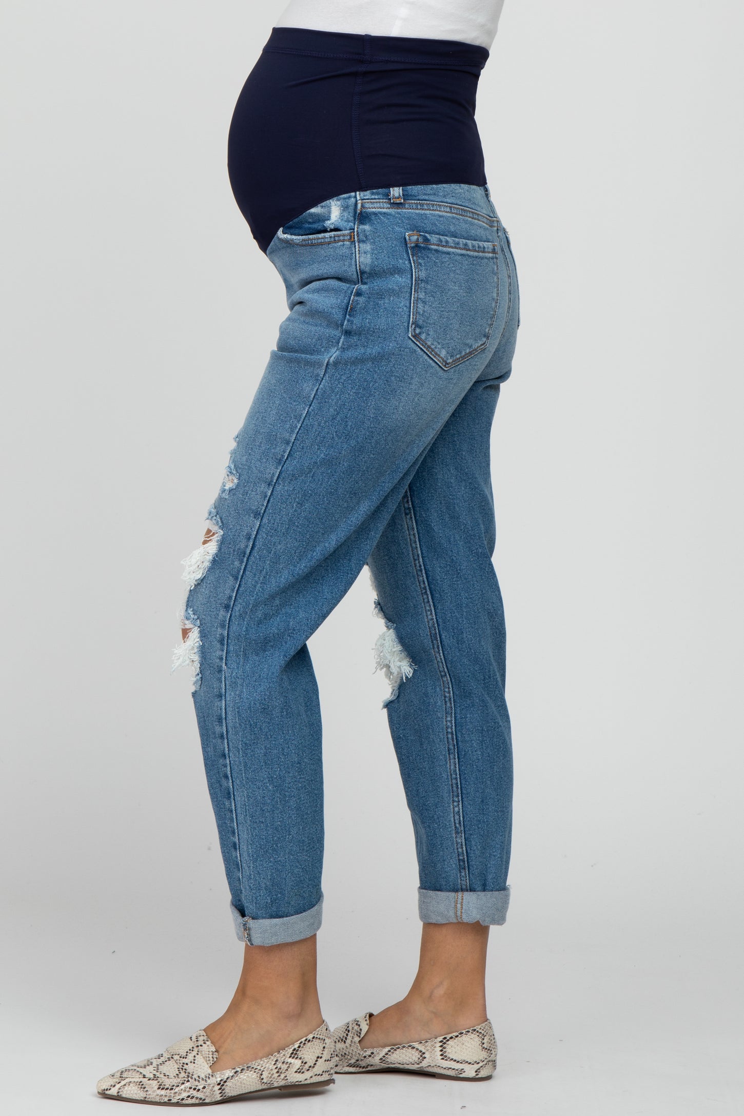 Blue Distressed Cuffed Maternity Jeans