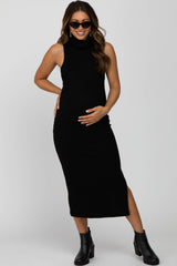 Black Ribbed Turtleneck Fitted Midi Maternity Dress