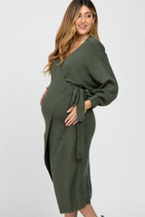 Olive Wrap Sweater Knit Maternity Midi Dress