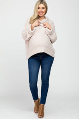 Beige Cowl Neck Cuff Sleeve Soft Knit Maternity Sweater