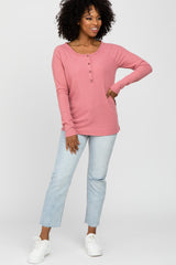 Pink Ribbed Button Front Top