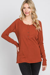 Rust Ribbed Button Front Top