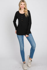 Black Ribbed Button Front Top