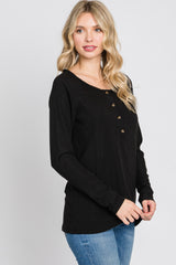 Black Ribbed Button Front Top