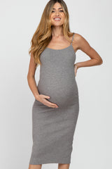 Grey Ribbed Square Neck Sleeveless Maternity Midi Dress