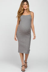 Grey Ribbed Square Neck Sleeveless Maternity Midi Dress