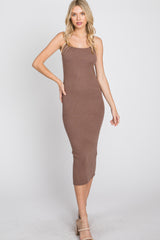 Mocha Ribbed Square Neck Sleeveless Midi Dress