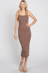 Mocha Ribbed Square Neck Sleeveless Midi Dress