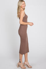 Mocha Ribbed Square Neck Sleeveless Midi Dress