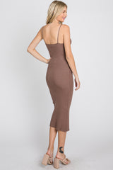 Mocha Ribbed Square Neck Sleeveless Midi Dress