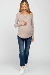 Taupe Contrast Stitched Long Sleeve Maternity Top