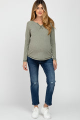 Light Olive Contrast Stitched Long Sleeve Maternity Top
