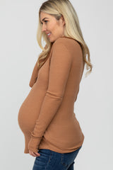 Camel Waffle Knit Button Accent Maternity Top