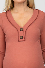 Rust Waffle Knit Button Accent Maternity Top