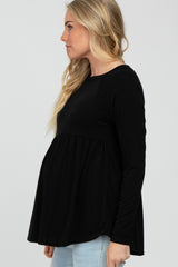 Black Solid Long Sleeve Peplum Maternity Top