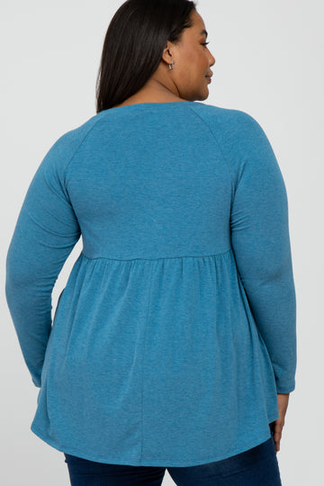 Teal Solid Long Sleeve Peplum Plus Maternity Top