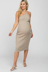 Beige Ribbed One Shoulder Maternity Sweater Dress