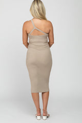 Beige Ribbed One Shoulder Maternity Sweater Dress