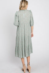 Mint Green Floral Tiered Long Sleeve Midi Dress