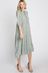 Mint Green Floral Tiered Long Sleeve Midi Dress