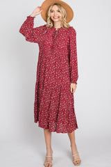 Red Floral Tiered Long Sleeve Midi Dress