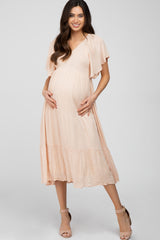 Peach Smocked Ruffle Maternity Dress