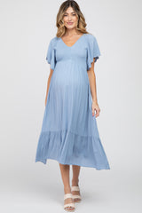 Blue Smocked Ruffle Maternity Dress