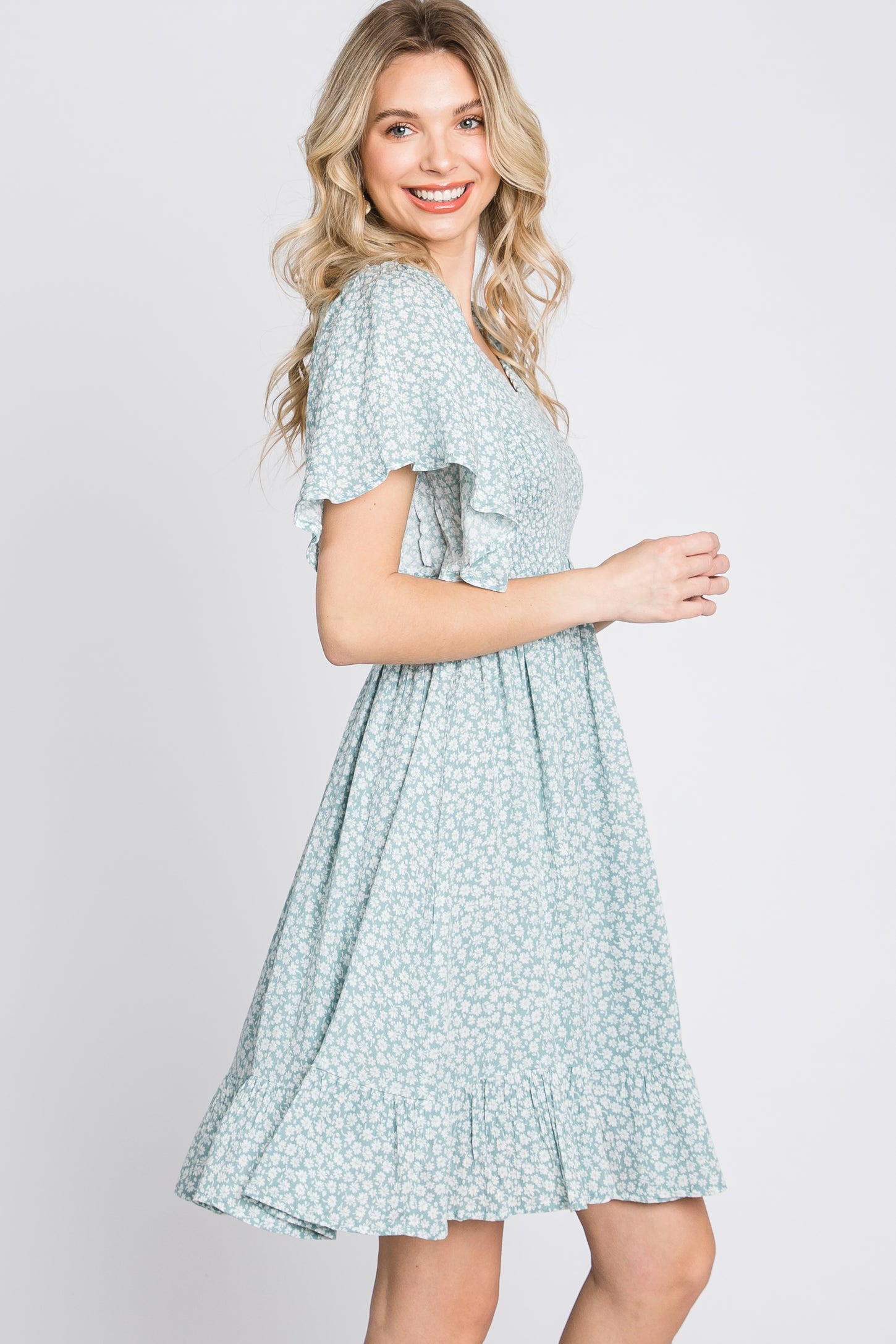 Mint Green Floral Print Smocked V-Neck Dress