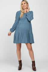 Blue Brushed Knit Tiered Maternity Dress