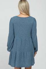 Blue Brushed Knit Tiered Maternity Dress