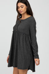 Charcoal Brushed Rib Button Accent Dress