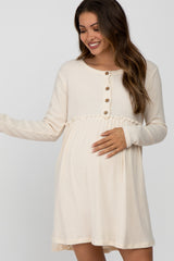 Cream Brushed Rib Button Accent Maternity Dress