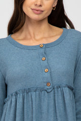 Blue Brushed Rib Button Accent Dress
