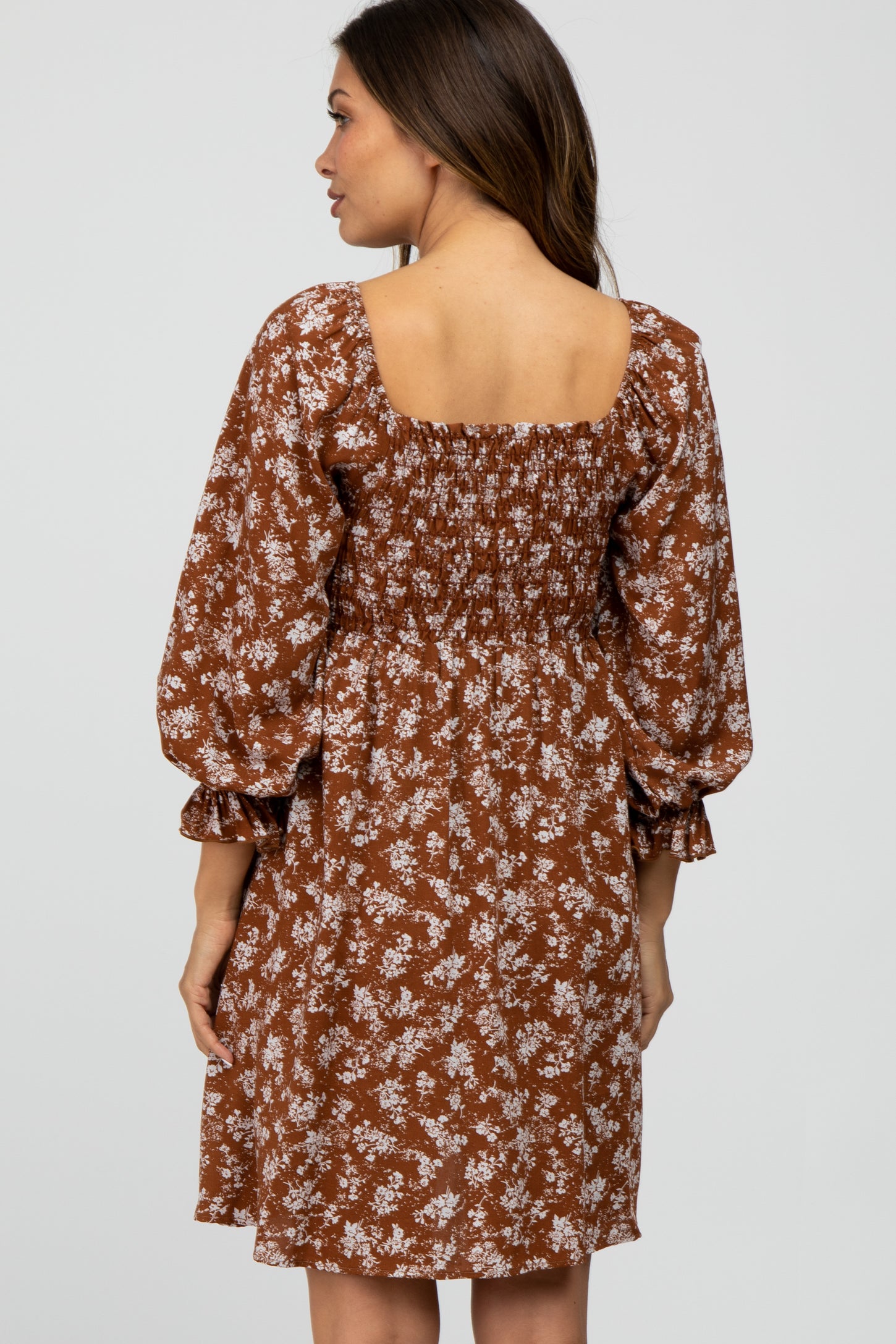 Brown Floral Smocked Smocked Maternity Dress