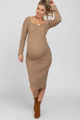 Camel Ribbed Knit Fitted Maternity Dress