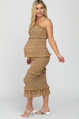 Mustard Leaf Print Smocked Fitted Maternity Midi Dress