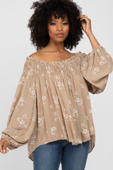 Taupe Floral Off Shoulder Long Sleeve Maternity Top