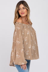 Taupe Floral Off Shoulder Long Sleeve Maternity Top