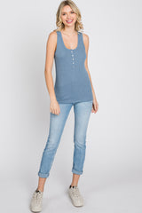 Blue Ribbed Button Front Tank Top