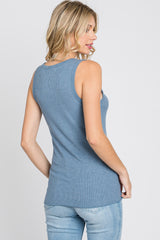 Blue Ribbed Button Front Tank Top