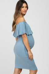 Light Blue Off Shoulder Fitted Maternity Dress