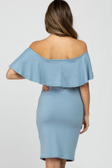 Light Blue Off Shoulder Fitted Maternity Dress