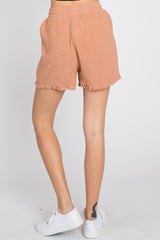 Peach Fringe Hem Shorts