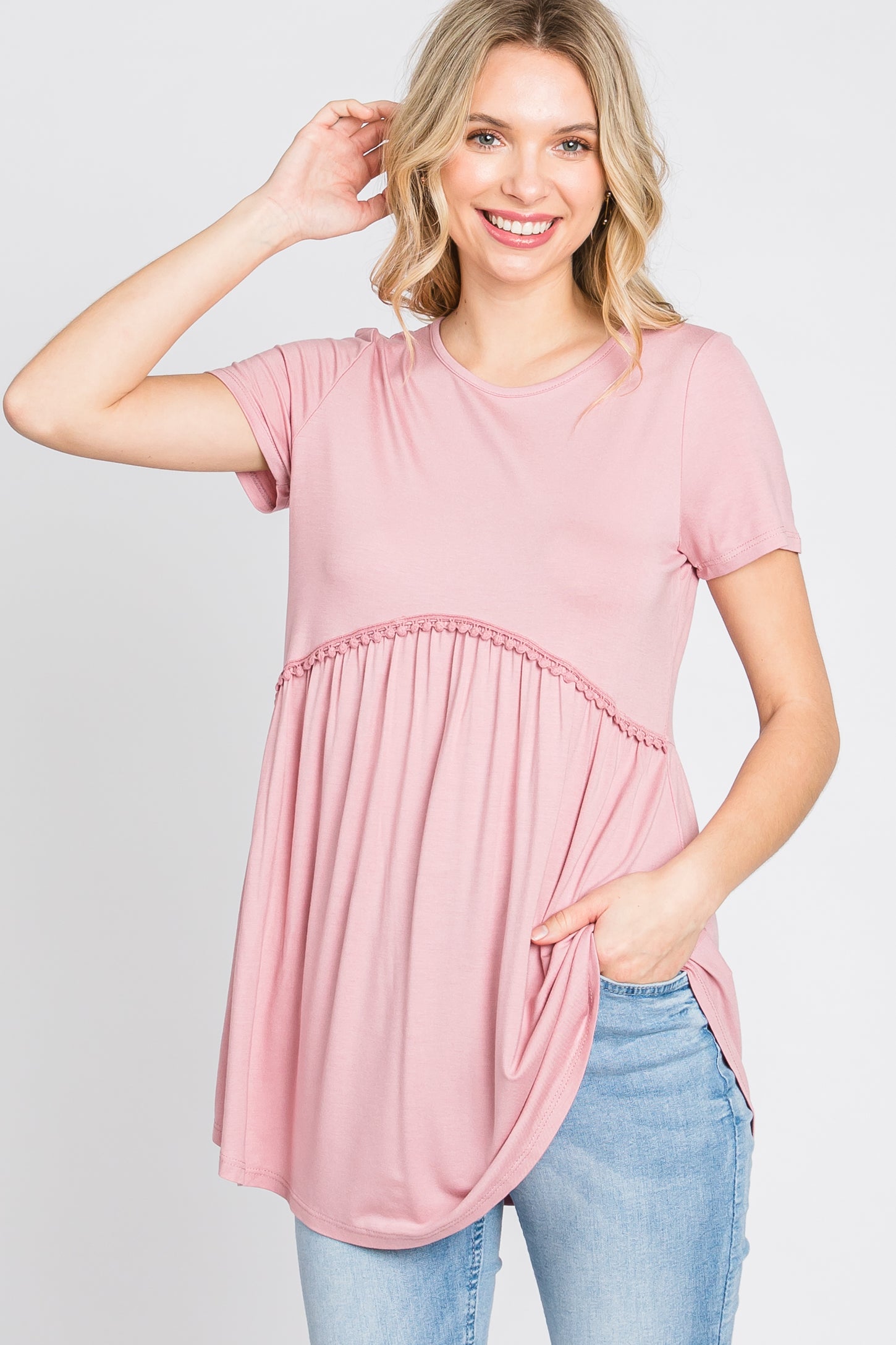 Pink Solid Crochet Peplum Top