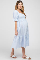 Light Blue Smocked Square Neck Puff Sleeve Maternity Midi Dress
