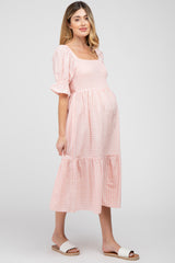 Pink Gingham Smocked Square Neck Puff Sleeve Maternity Midi Dress