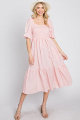 Pink Gingham Smocked Square Neck Puff Sleeve Maternity Midi Dress