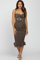 Black Floral Tied Front Cutout Smocked Maternity Dress